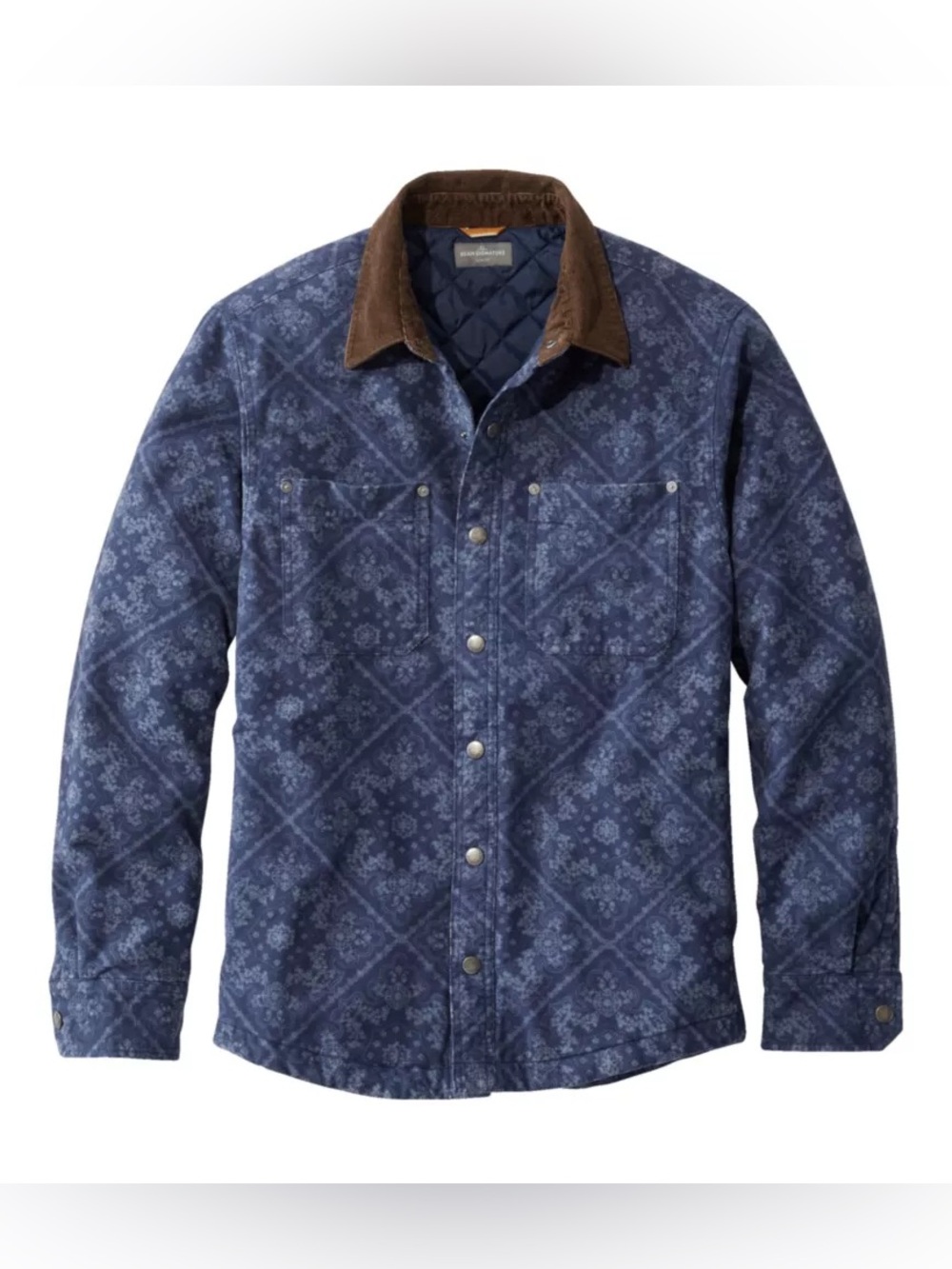 LL Bean Signature Quilted Navy Patterned Jacket with Contrast Collar